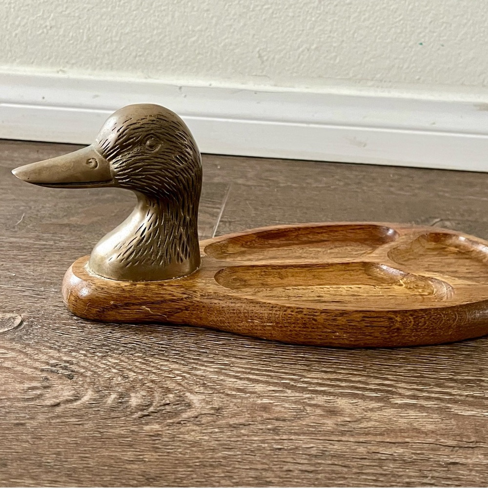 Brass Duck Head & Wood Divided Serving Tray - Brown